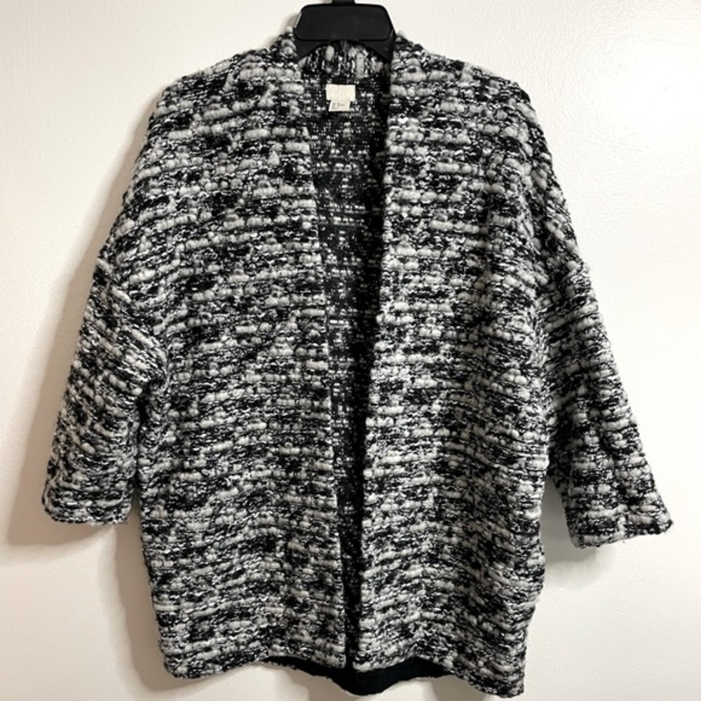 H&M Women’s Cardigan Open Front Black & White Wool Blend Nubby Sweater Size Med - Picture 2 of 11